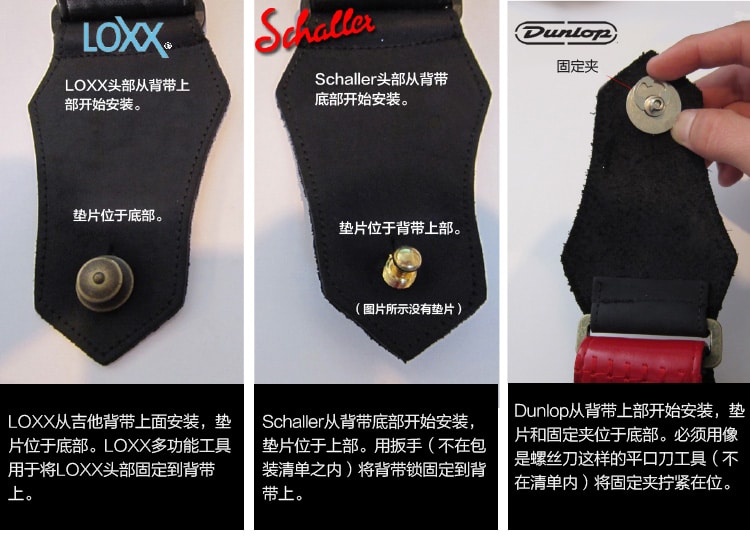 LOXX 背带扣 安装方式 与 Schaller、Dunlop 对比