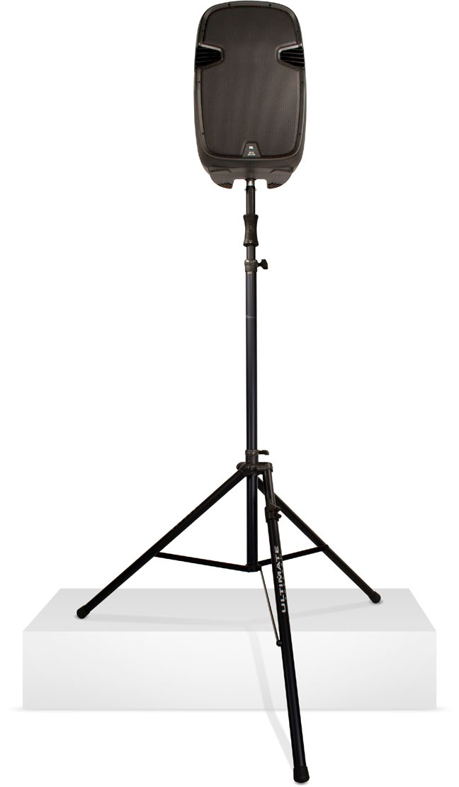 Ultimate Support TS-100B 气动升降音箱支架架起音箱实拍(白底产品图)