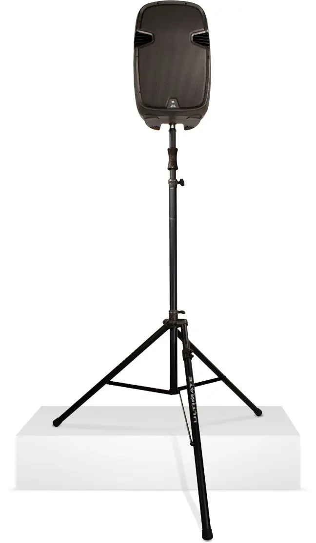 Ultimate Support TS-100B 气动升降音箱支架架起音箱实拍(白底产品图)